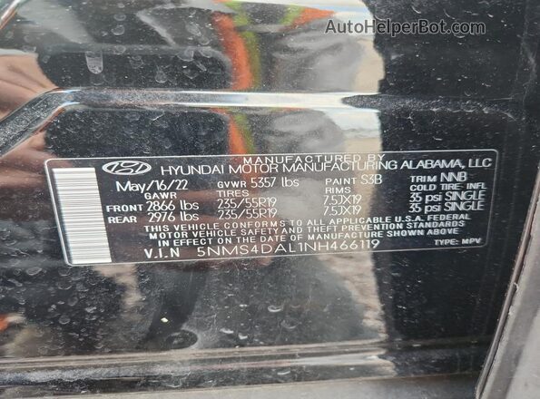 5NMS4DAL1NH466119 2022 HYUNDAI SANTA Black Widok naklejki z numerem VIN
