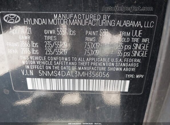 5NMS4DAL3MH356056 2021 HYUNDAI SANTA FE Black Շարժիչի բաժամունքի տեսք