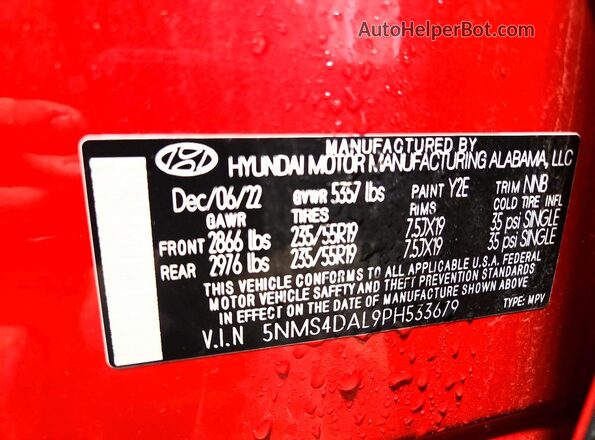 5NMS4DAL9PH533679 2023 HYUNDAI SANTA Красный Вид наклейки с VIN-кодом
