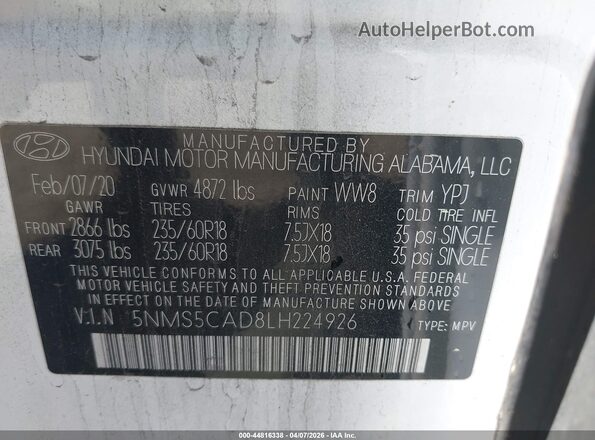 5NMS5CAD8LH224926 2020 HYUNDAI SANTA FE Белый Вид подкапотного пространства