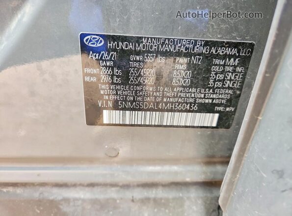 5NMS5DAL4MH360436 2021 HYUNDAI SANTA FE CALLIGRAPHY Gray Widok komory silnika