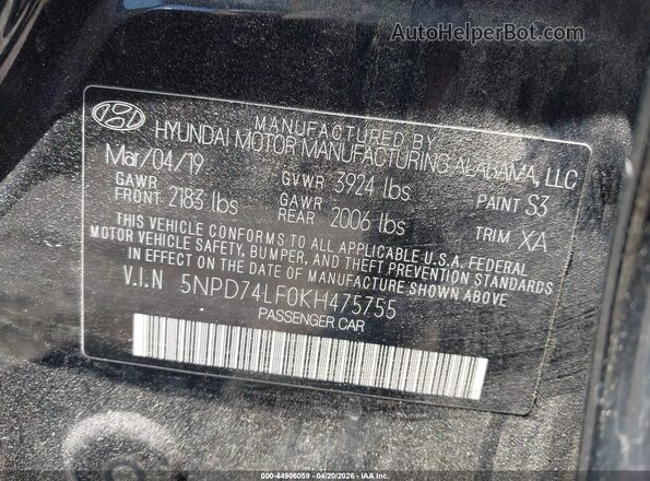 5NPD74LF0KH475755 2019 HYUNDAI ELANTRA Черный Вид подкапотного пространства