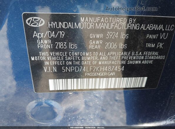 5NPD74LF2KH487454 2019 HYUNDAI ELANTRA  Вид подкапотного пространства