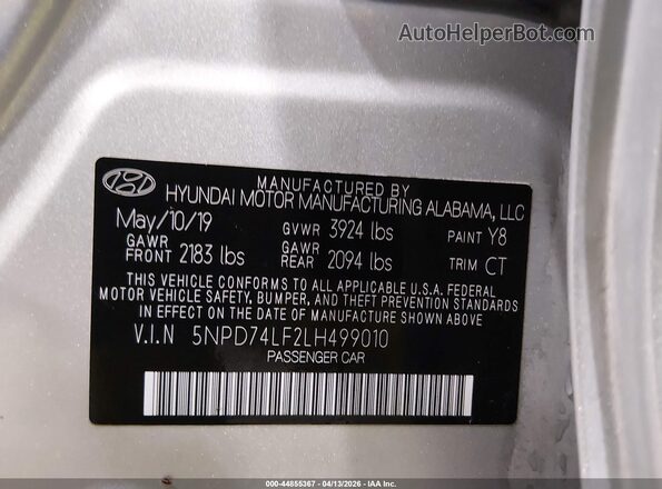 5NPD74LF2LH499010 2020 HYUNDAI ELANTRA Серебряный Вид подкапотного пространства