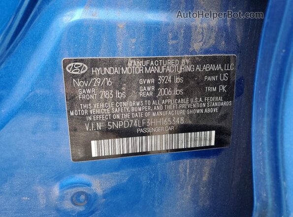 5NPD74LF3HH165348 2017 HYUNDAI ELANTRA Blue Engine compartment view