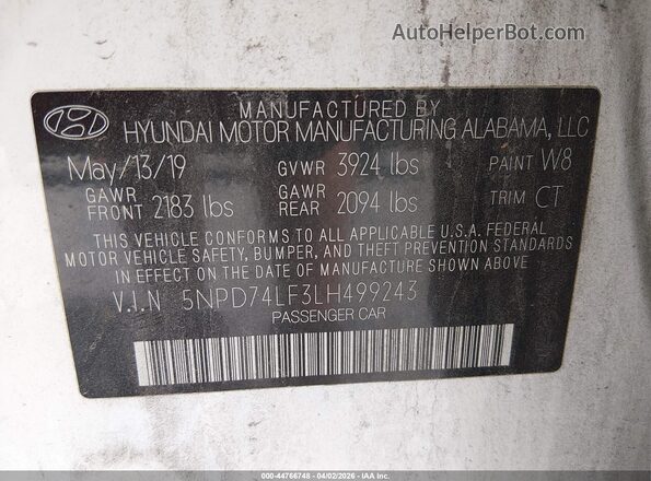 5NPD74LF3LH499243 2020 HYUNDAI ELANTRA Белый Вид подкапотного пространства