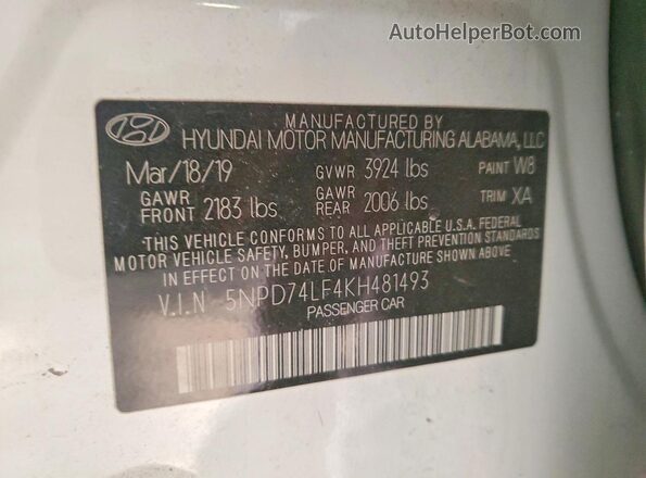 5NPD74LF4KH481493 2019 HYUNDAI ELANTRA Белый Вид подкапотного пространства