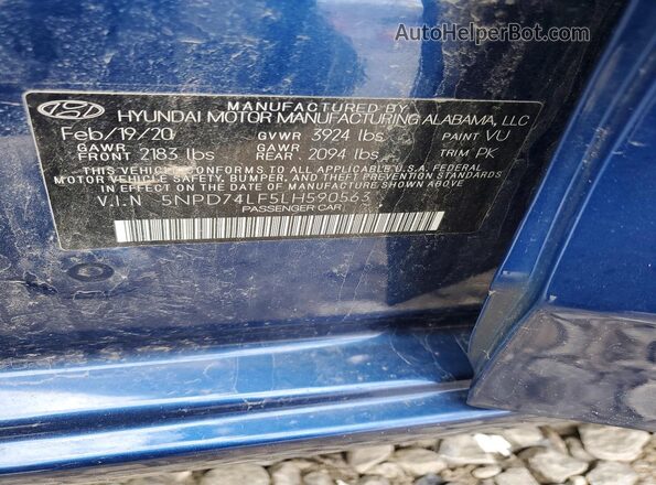 5NPD74LF5LH590563 2020 HYUNDAI ELANTRA Синий Вид наклейки с VIN-кодом