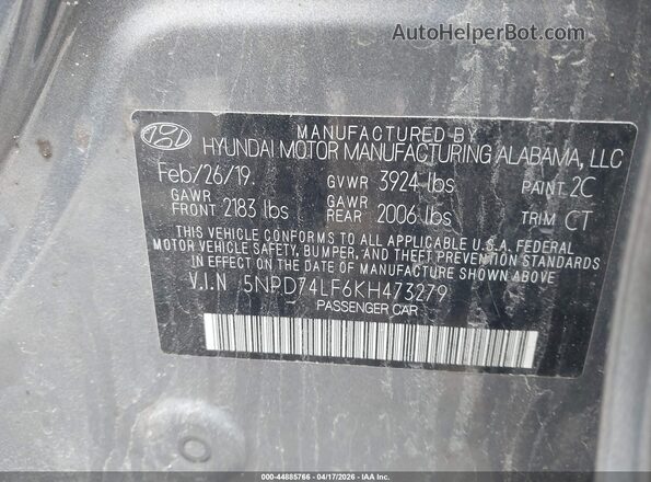 5NPD74LF6KH473279 2019 HYUNDAI ELANTRA Gray ძრავის განყოფილების ხედი