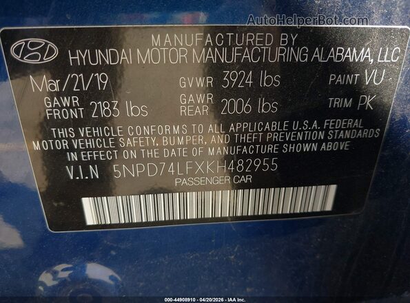 5NPD74LFXKH482955 2019 HYUNDAI ELANTRA Blue Widok komory silnika