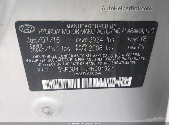 5NPD84LF0HH004923 2017 HYUNDAI ELANTRA Silver Շարժիչի բաժամունքի տեսք