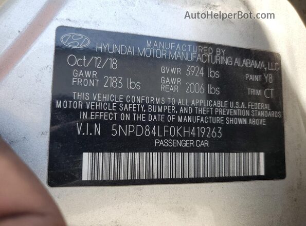 5NPD84LF0KH419263 2019 HYUNDAI ELANTRA Серебряный Вид подкапотного пространства