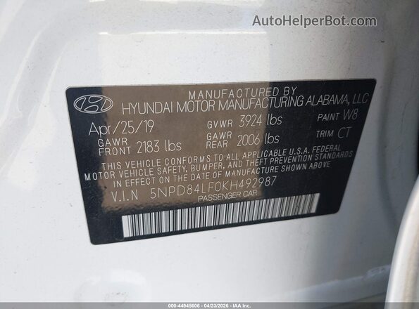 5NPD84LF0KH492987 2019 HYUNDAI ELANTRA White Շարժիչի բաժամունքի տեսք