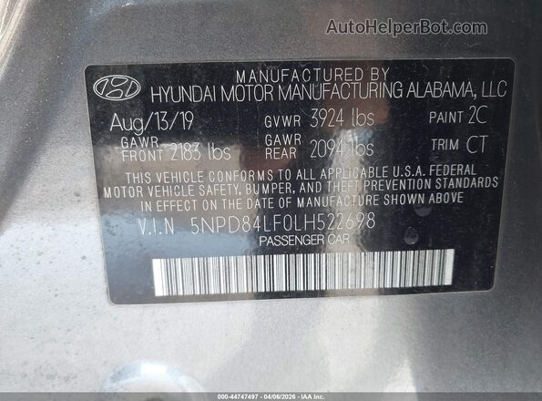 5NPD84LF0LH522698 2020 HYUNDAI ELANTRA Gray Widok komory silnika