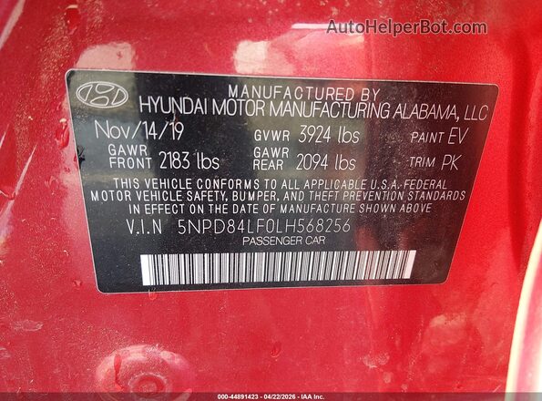 5NPD84LF0LH568256 2020 HYUNDAI ELANTRA Красный Вид подкапотного пространства