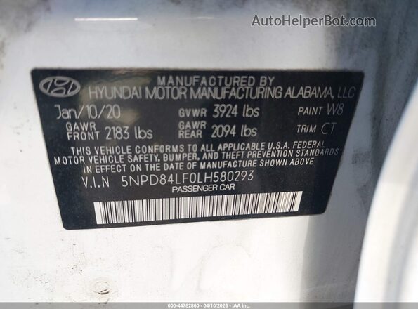 5NPD84LF0LH580293 2020 HYUNDAI ELANTRA White Widok komory silnika