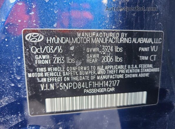 5NPD84LF1HH142177 2017 HYUNDAI ELANTRA Синий Вид подкапотного пространства