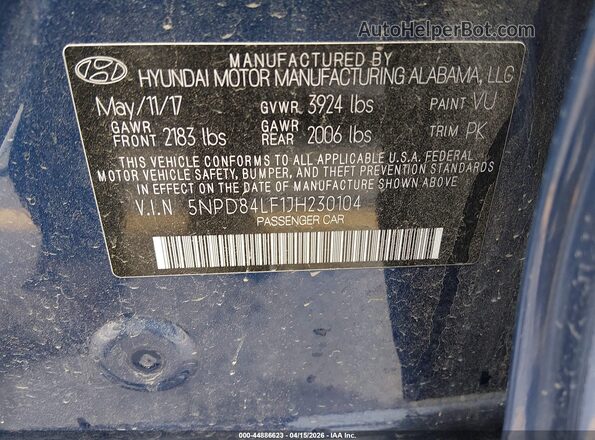 5NPD84LF1JH230104 2018 HYUNDAI ELANTRA Blue Vista del compartimento del motor