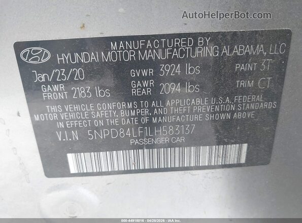 5NPD84LF1LH583137 2020 HYUNDAI ELANTRA Black Widok komory silnika