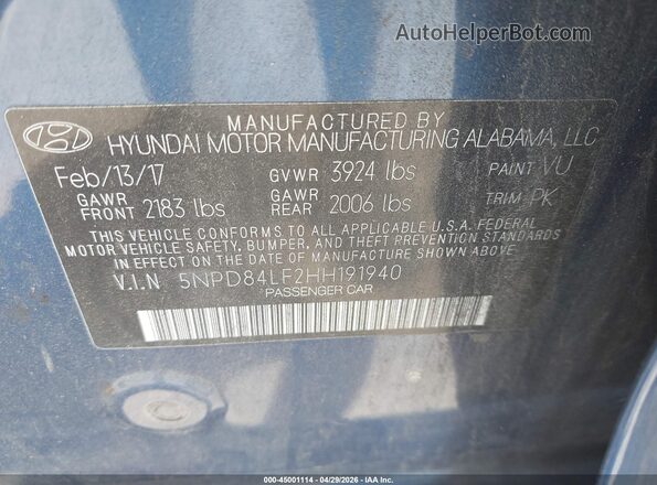 5NPD84LF2HH191940 2017 HYUNDAI ELANTRA Синий Вид подкапотного пространства