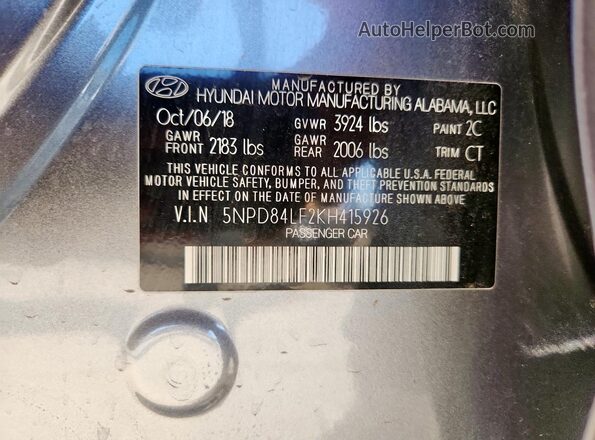 5NPD84LF2KH415926 2019 HYUNDAI ELANTRA Gray Vista del compartimento del motor