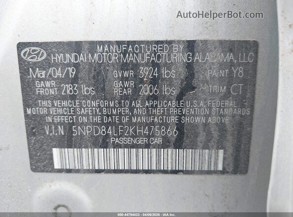 5NPD84LF2KH475866 2019 HYUNDAI ELANTRA Gray Vista del compartimento del motor