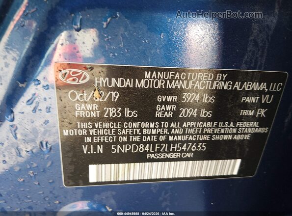5NPD84LF2LH547635 2020 HYUNDAI ELANTRA Blue Вид підкапотного простору