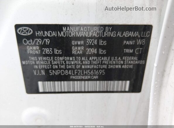 5NPD84LF2LH561695 2020 HYUNDAI ELANTRA Белый Вид подкапотного пространства