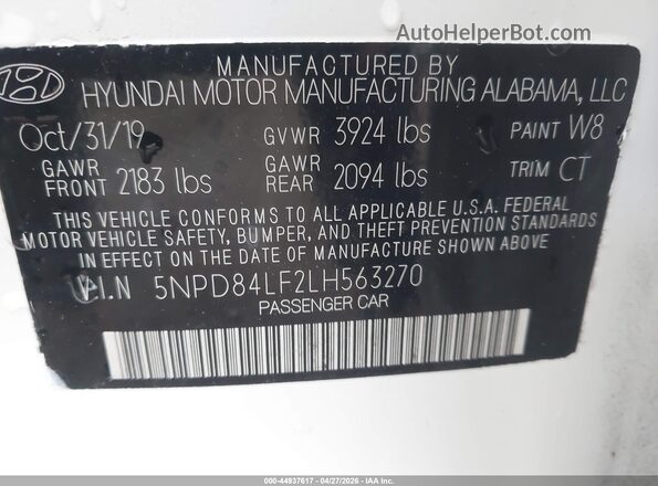 5NPD84LF2LH563270 2020 HYUNDAI ELANTRA Белый Вид подкапотного пространства