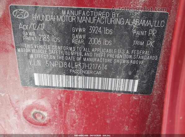 5NPD84LF3JH217614 2018 HYUNDAI ELANTRA Красный Вид подкапотного пространства