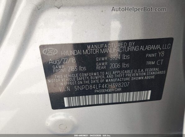 5NPD84LF4KH398207 2019 HYUNDAI ELANTRA Серебряный Вид подкапотного пространства