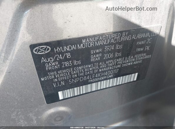 5NPD84LF4KH400117 2019 HYUNDAI ELANTRA Gray Widok komory silnika