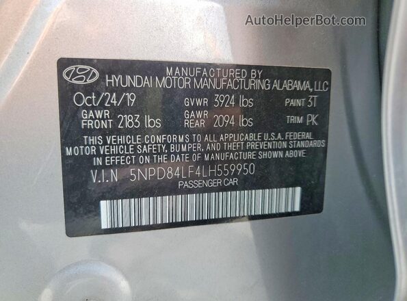 5NPD84LF4LH559950 2020 HYUNDAI ELANTRA Серебряный Вид наклейки с VIN-кодом