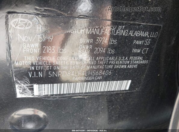 5NPD84LF4LH568406 2020 HYUNDAI ELANTRA Black Vista del compartimento del motor