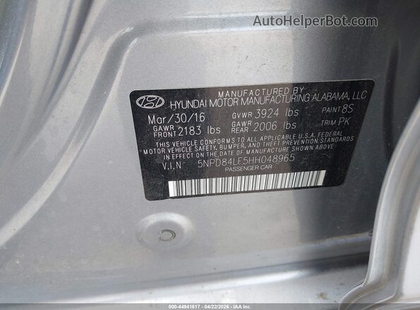 5NPD84LF5HH048965 2017 HYUNDAI ELANTRA Silver Շարժիչի բաժամունքի տեսք