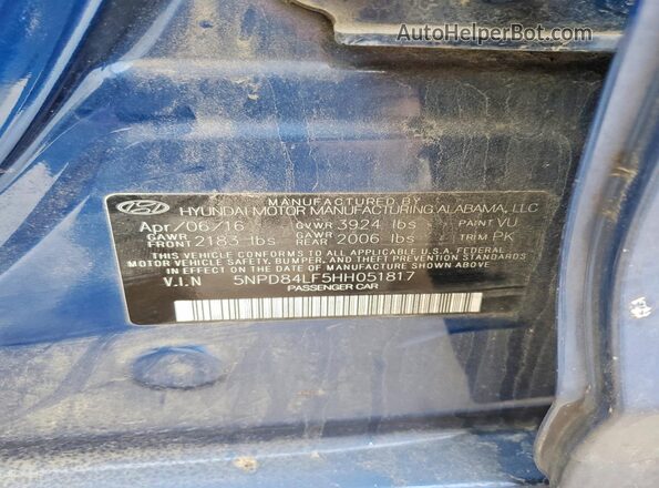 5NPD84LF5HH051817 2017 HYUNDAI ELANTRA Blue Vista del compartimento del motor