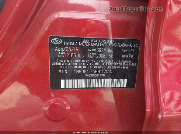 5NPD84LF5HH117010 2017 HYUNDAI ELANTRA Red Вид підкапотного простору