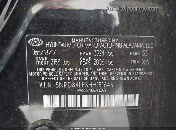 5NPD84LF5HH181645 2017 HYUNDAI ELANTRA Черный Вид подкапотного пространства