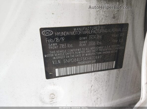 5NPD84LF5KH470449 2019 HYUNDAI ELANTRA White Engine compartment view