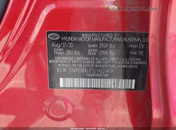 5NPD84LF5LH621419 2020 HYUNDAI ELANTRA Red Widok komory silnika