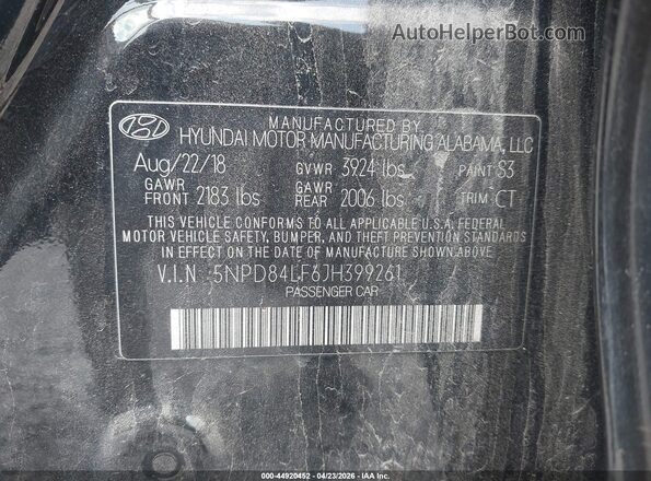 5NPD84LF6JH399261 2018 HYUNDAI ELANTRA Black ძრავის განყოფილების ხედი