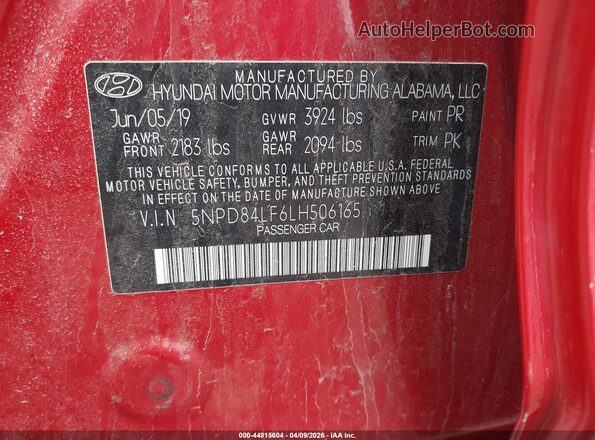 5NPD84LF6LH506165 2020 HYUNDAI ELANTRA Red Widok komory silnika