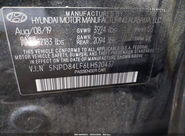 5NPD84LF6LH520437 2020 HYUNDAI ELANTRA Black Vista del compartimento del motor