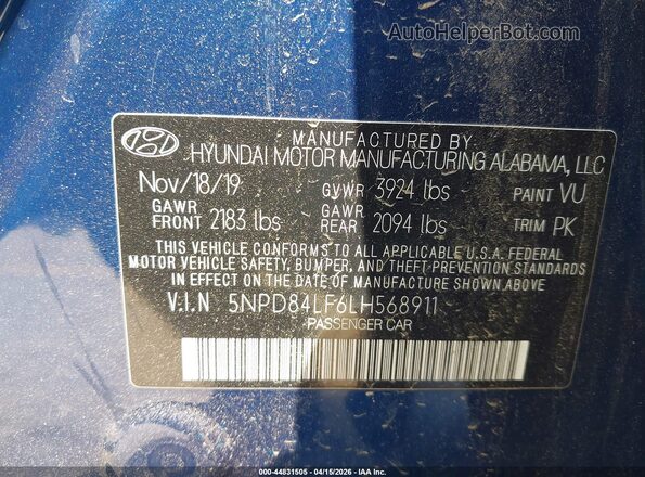 5NPD84LF6LH568911 2020 HYUNDAI ELANTRA Синий Вид подкапотного пространства