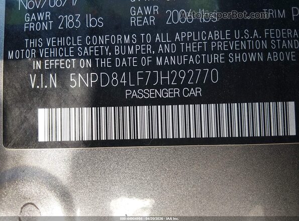 5NPD84LF7JH292770 2018 HYUNDAI ELANTRA Серый Вид подкапотного пространства