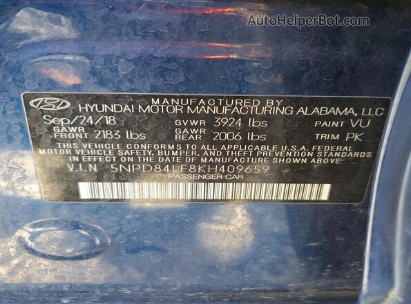 5NPD84LF8KH409659 2019 HYUNDAI ELANTRA Blue Vista del compartimento del motor