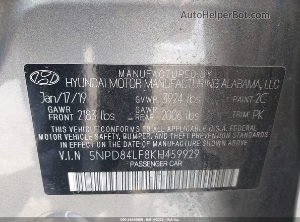 5NPD84LF8KH459929 2019 HYUNDAI ELANTRA Gray Vista del compartimento del motor