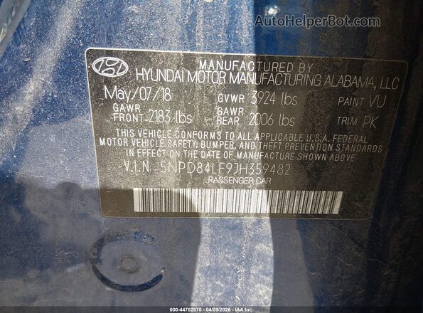 5NPD84LF9JH359482 2018 HYUNDAI ELANTRA Blue Widok komory silnika