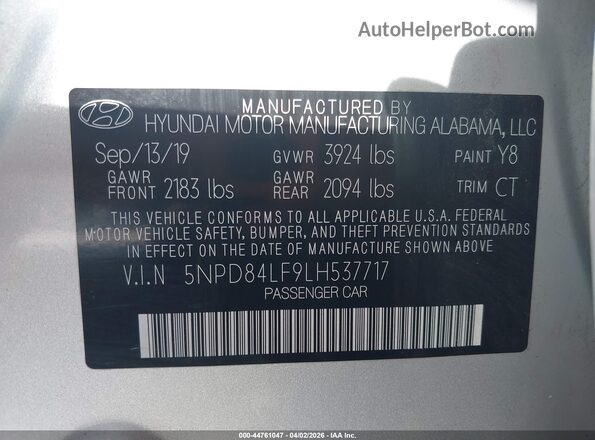 5NPD84LF9LH537717 2020 HYUNDAI ELANTRA Серебряный Вид подкапотного пространства