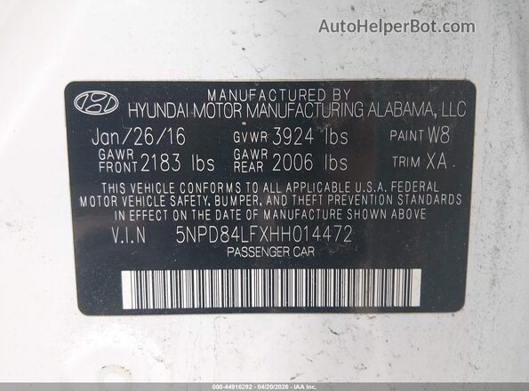 5NPD84LFXHH014472 2017 HYUNDAI ELANTRA Белый Вид подкапотного пространства